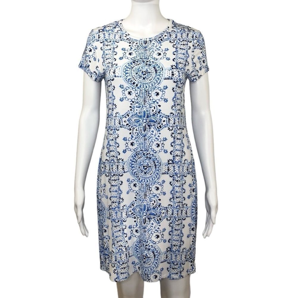 MOTT50 Women’s White Blue Geometric Short Sleeve UPF50+ Shift Dress Size M